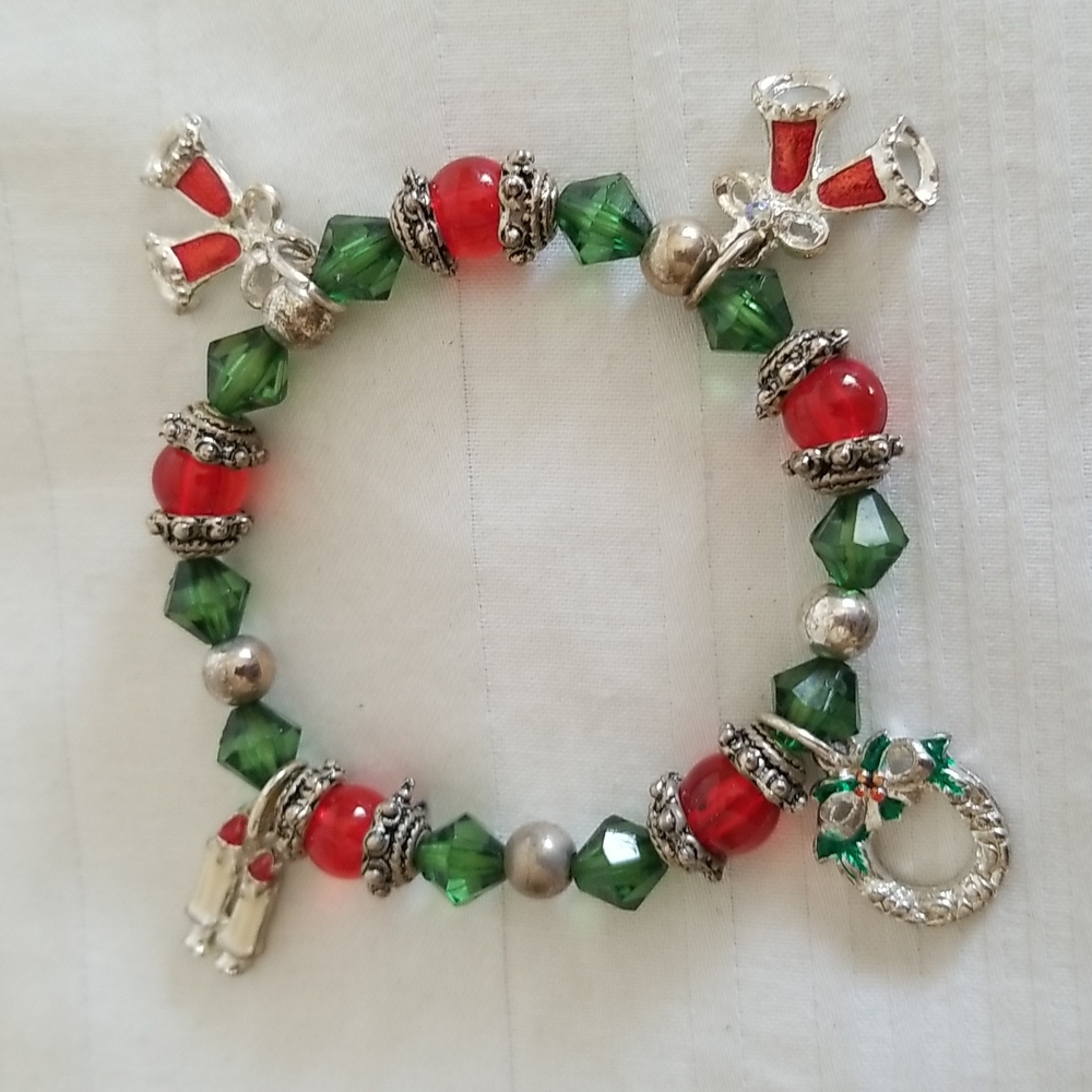 Silver Christmas Charm Bracelet Wreath Candle Bells